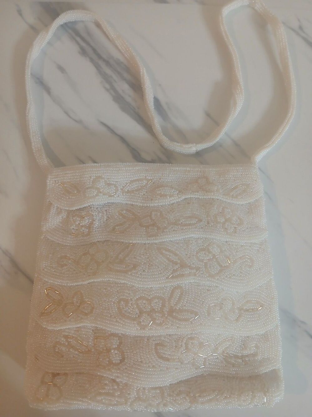 Vintage White Beaded Formal Bag Beaded Strap Floral Coquette Hollywood Glam